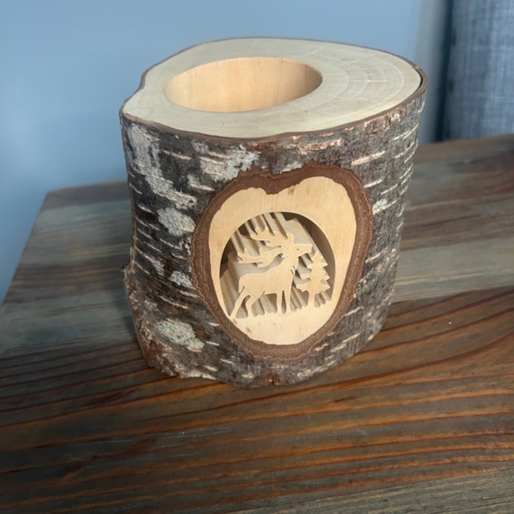 Rustic Wood Log Candle‎ Holder Moose Carved Tree Stump Decor Cabin